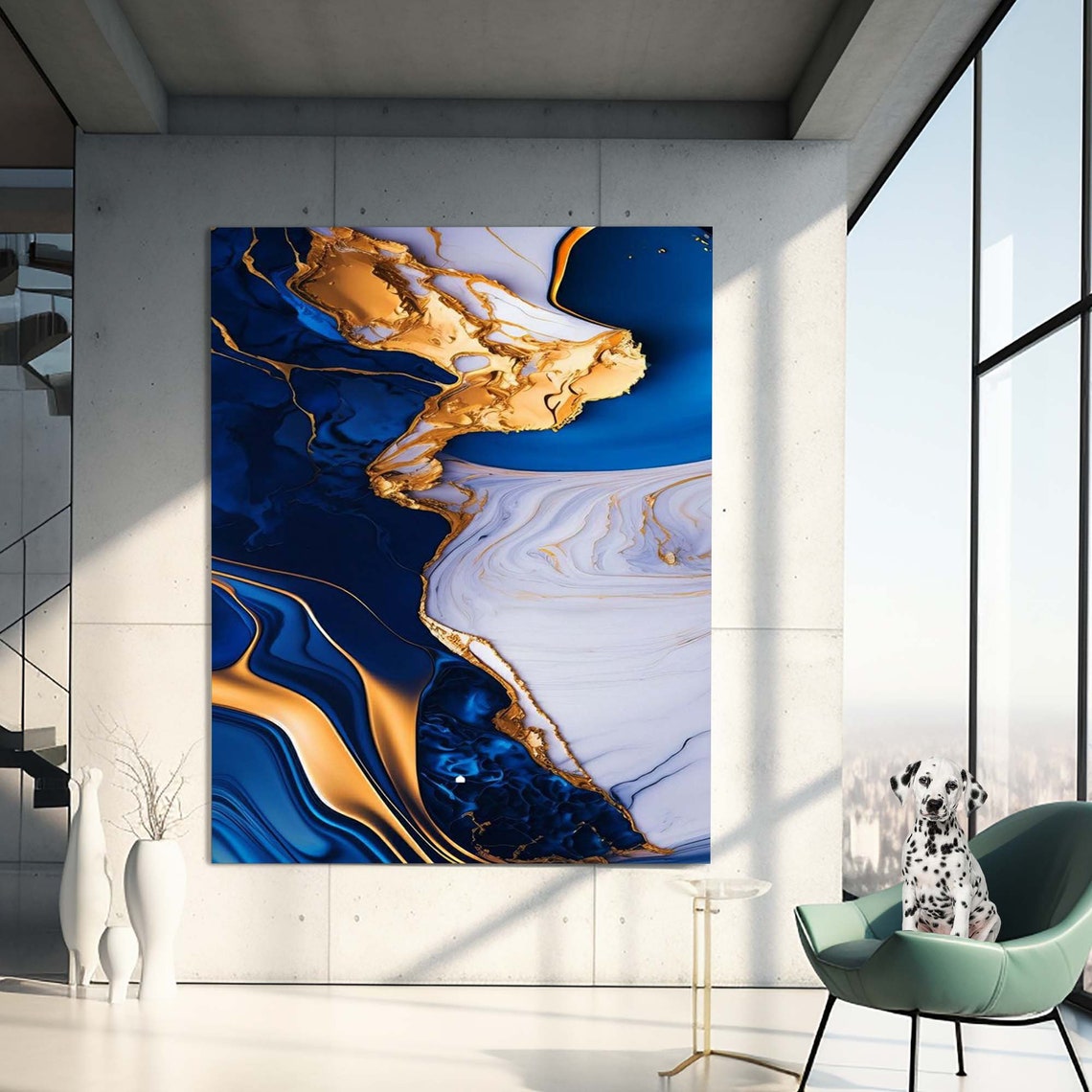 Navy Blue White Gold Marble Abstract Fluid Luxury Wall Poster - Image 3