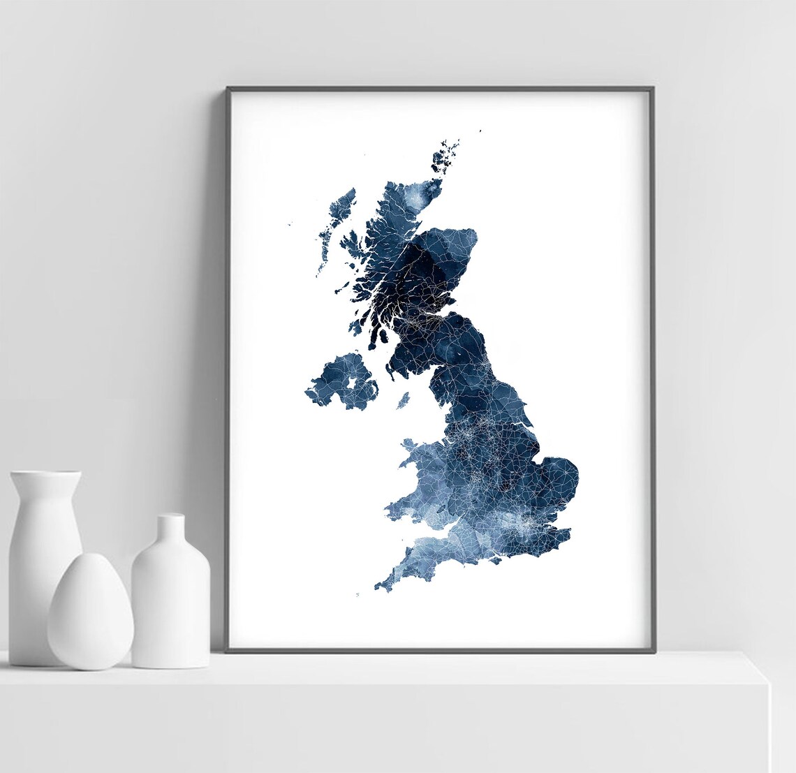 Great Britain Navy Blue Watercolor Map UK Minimal Travel Poster