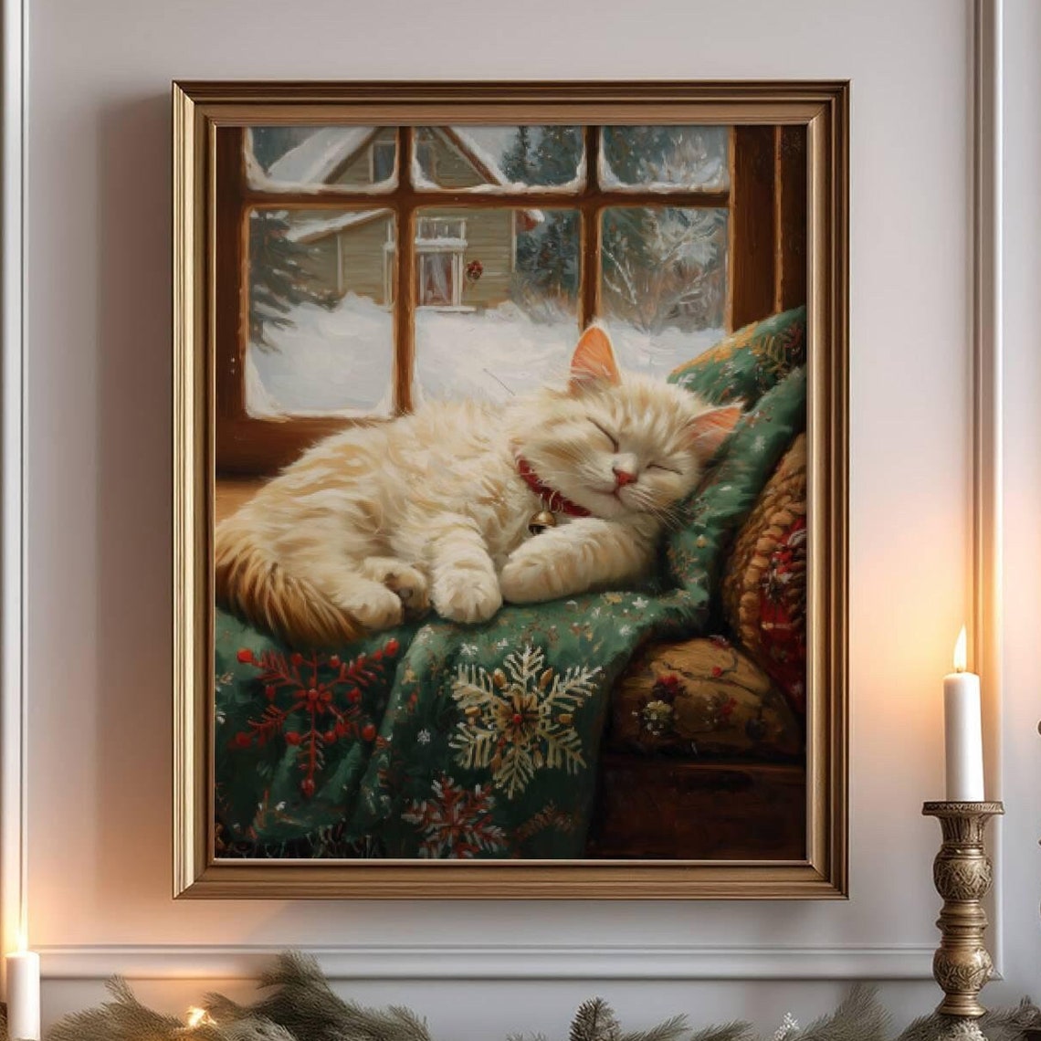 Sleeping Cream Cat Snowy Christmas Window Cozy Winter Poster