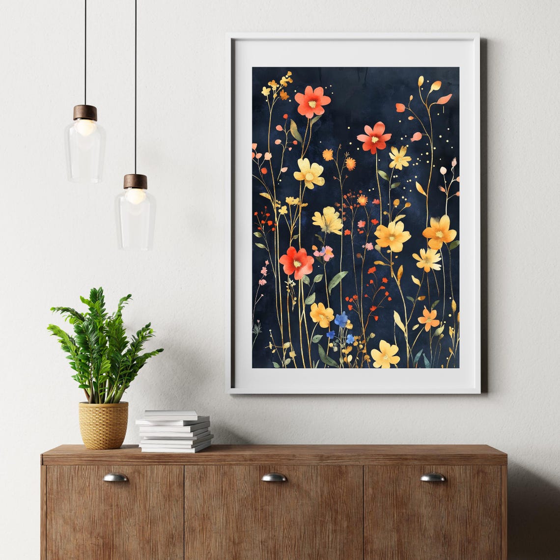 Colorful Wildflower Meadow Navy Blue Botanical Watercolor Wall Art