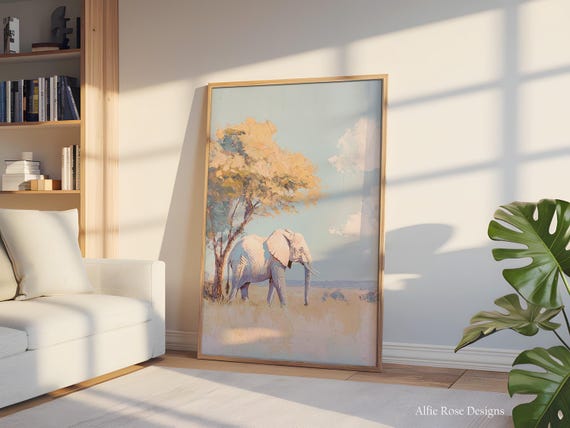 Serene Safari Elephant Wall Art Impressionist Wildlife Painting African Nature Print Boho Animal Decor Baby Gift Childs