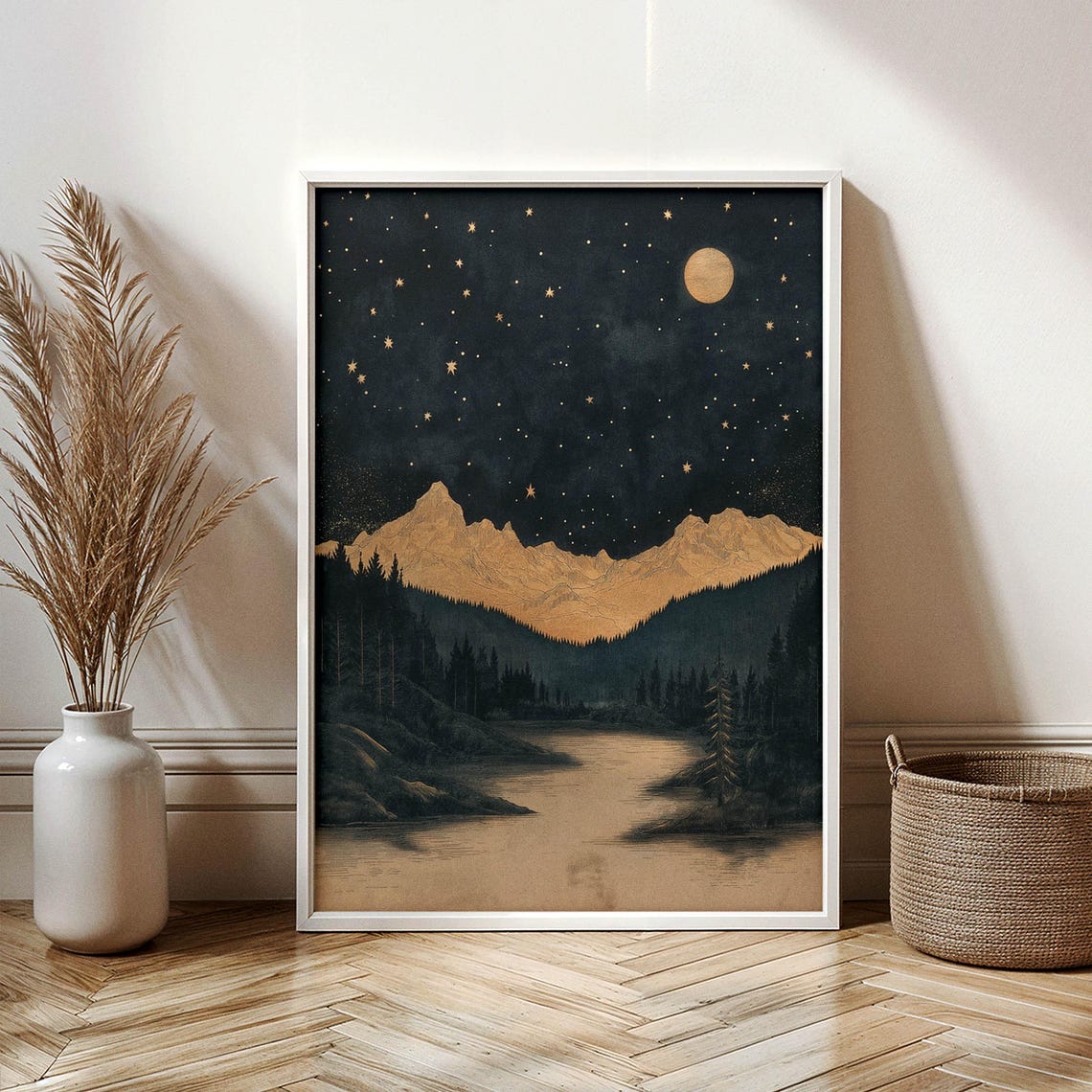 Moonlit Gold Mountains Lake Night Wilderness Starry Sky Wall Art