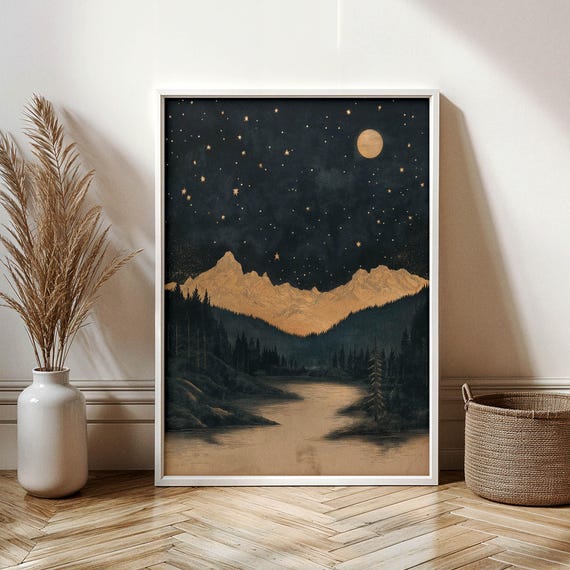 Golden Mountain Night Sky Wall Art Vintage Wilderness Landscape Print Moonlit River Artwork Natureinspired Decor
