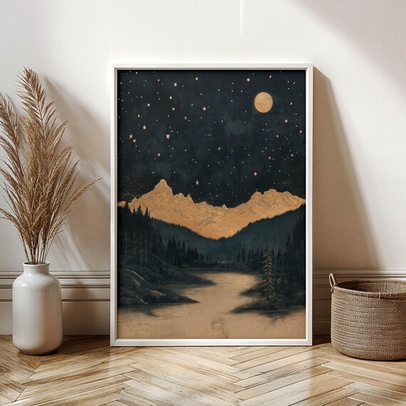 Moonlit Gold Mountains Lake Night Wilderness Starry Sky Wall Art