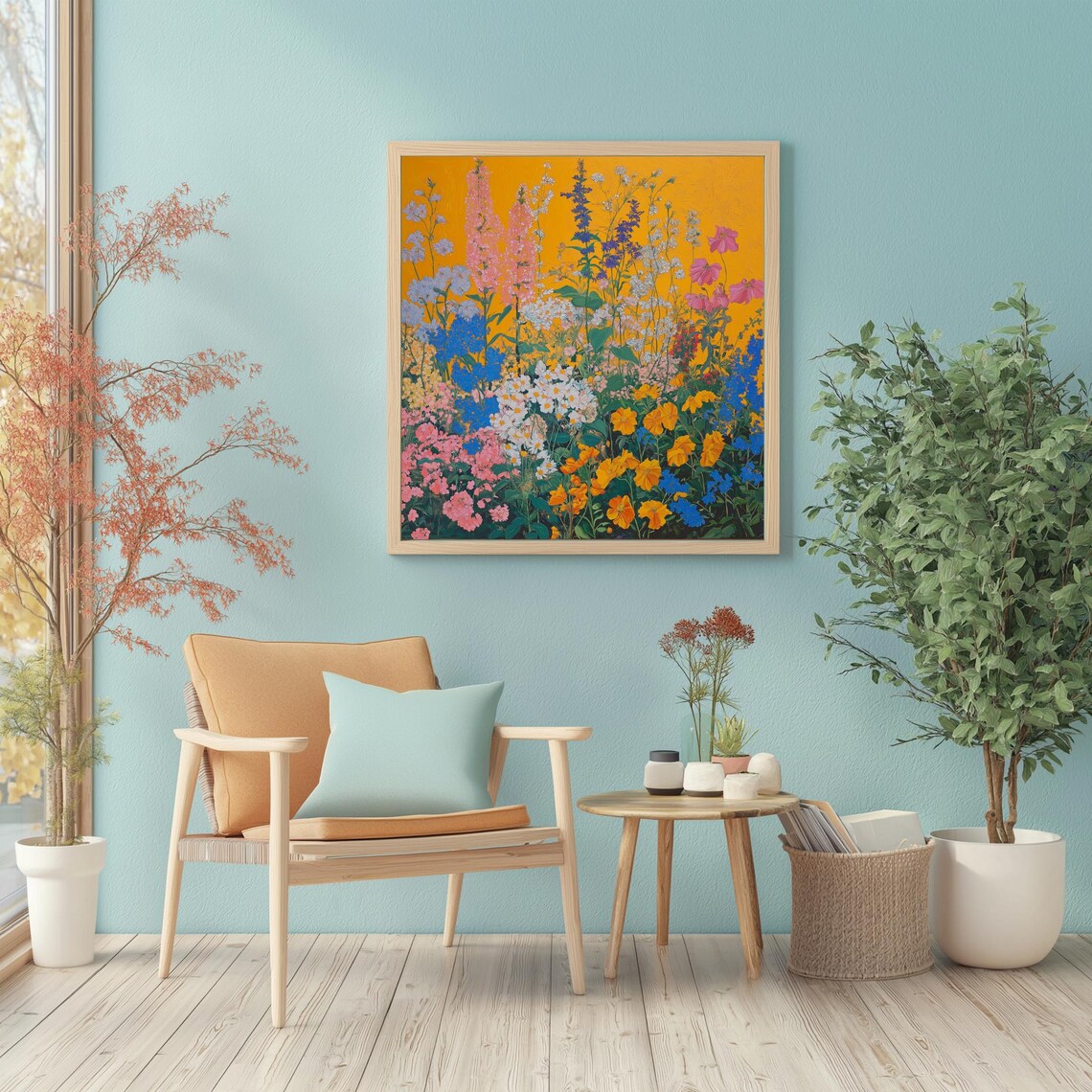 Wildflower Meadow Sunset Poster Orange Sky Floral Botanical Wall Decor