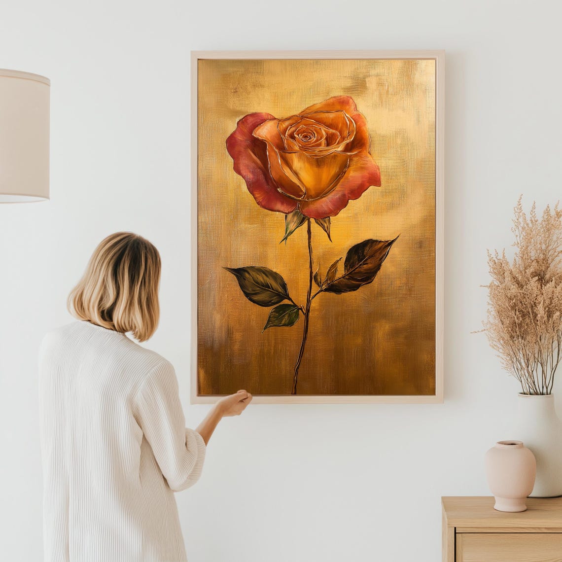 Golden Red Rose on Gold Background Elegant Single Bloom Art Poster