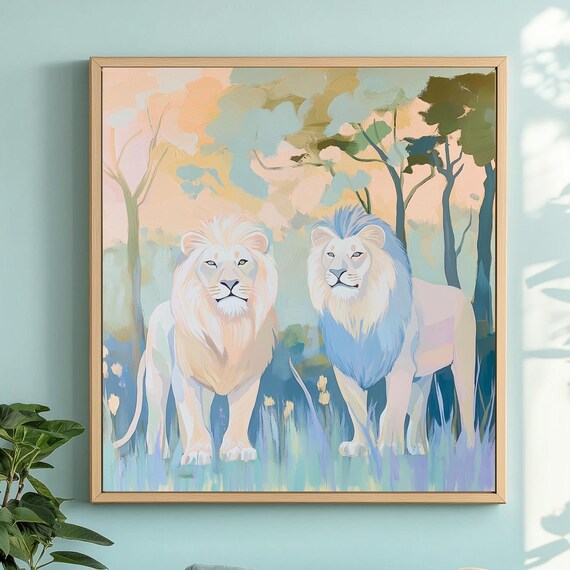 White Lion Pair Pastel Forest Blue Painting African Wildlife Wall Art