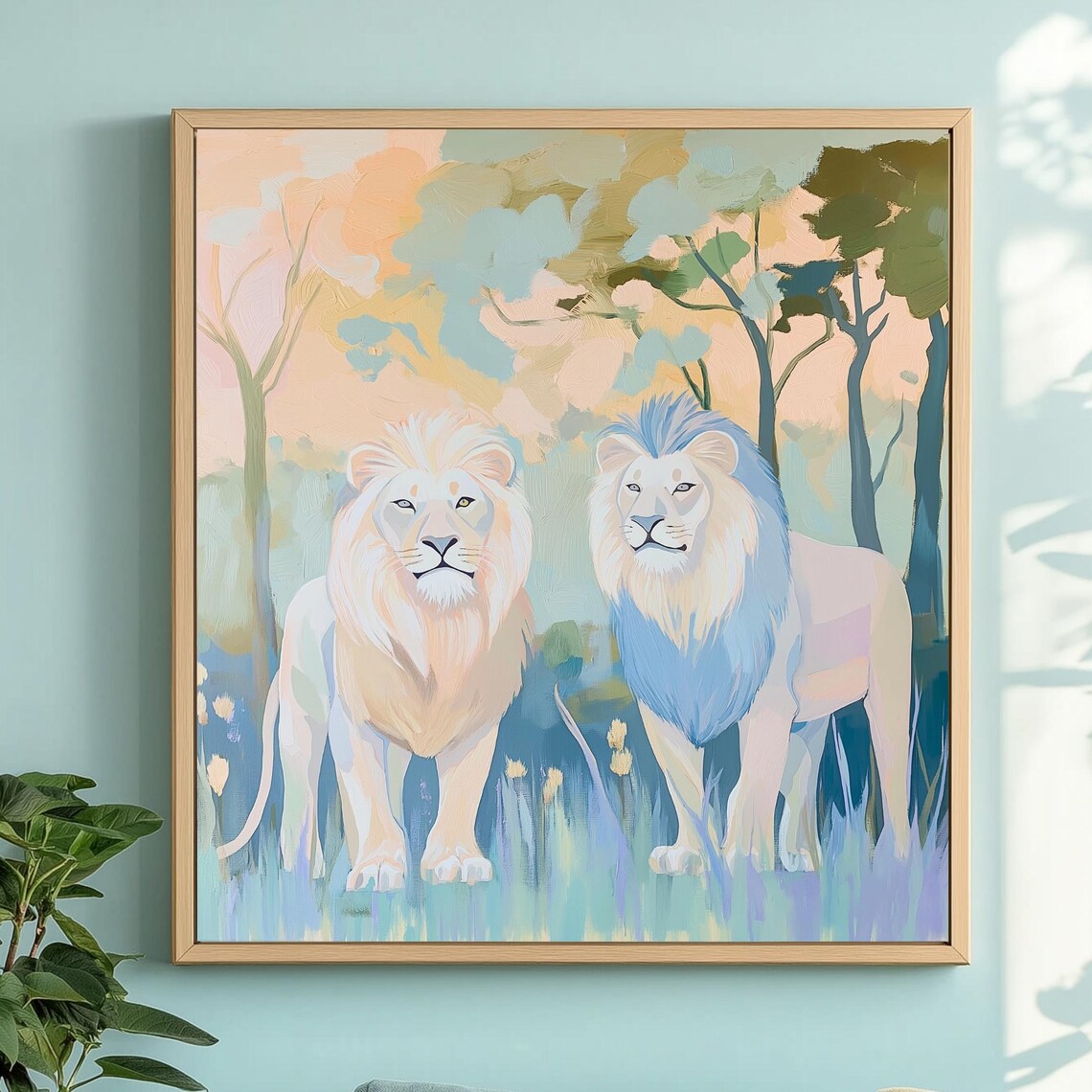White Lion Pair Pastel Forest Blue Painting African Wildlife Wall Art