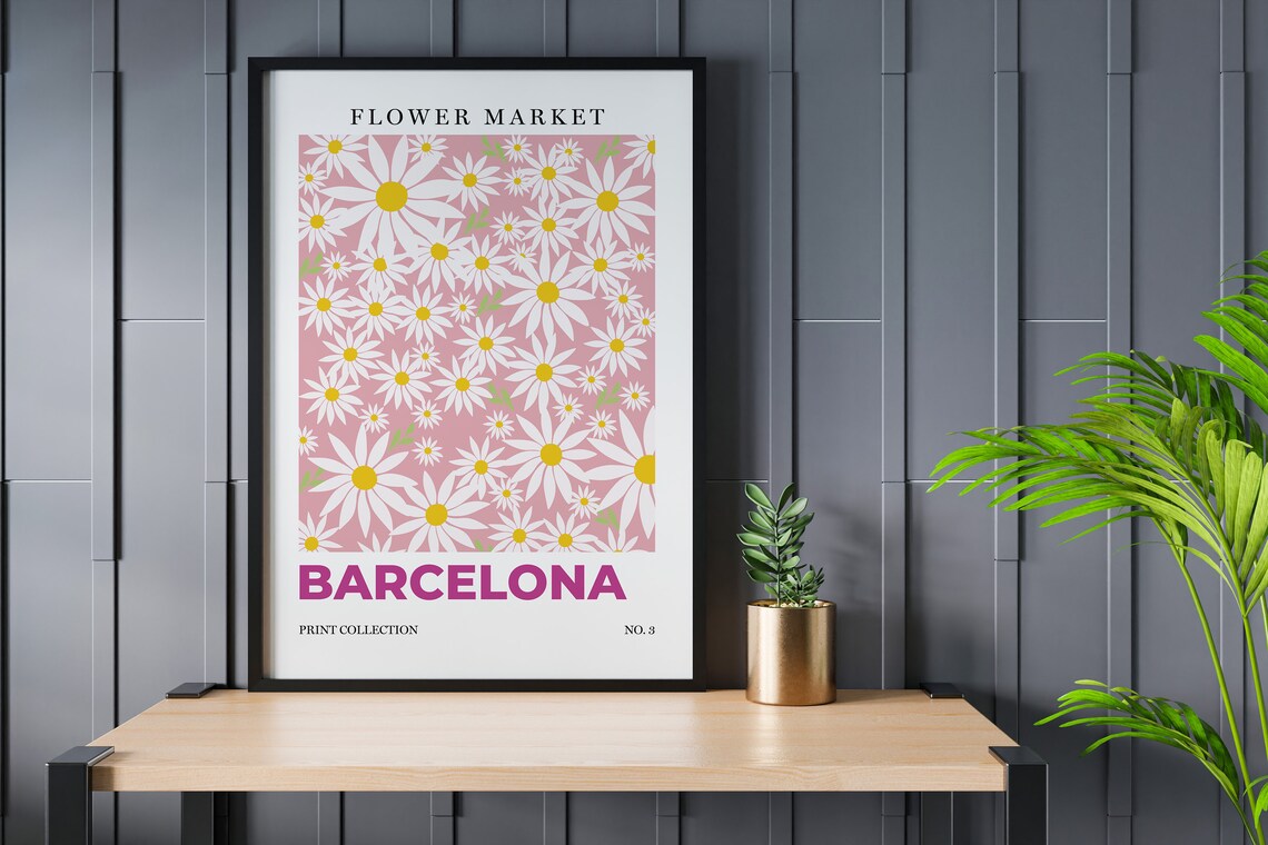 Barcelona Flower Market White Daisies Botanical Retro City Art Poster - Image 2