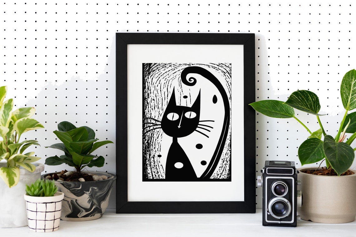Black Cat Curly Tail Whimsical Bold Line Modern Animal Art Poster - Image 4