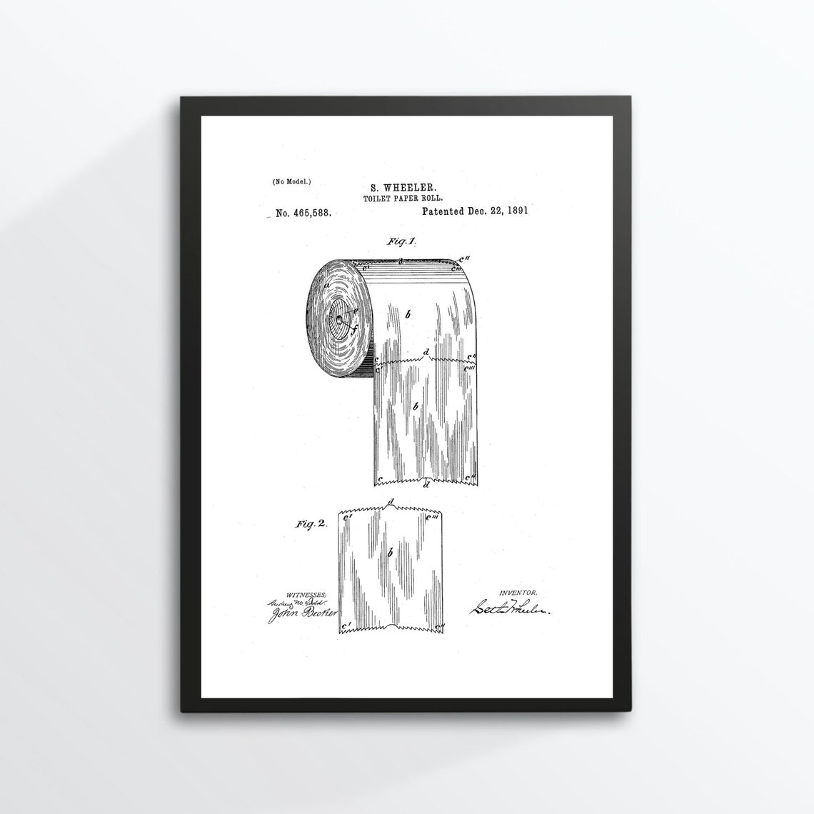 Toilet Paper Patent 1891 S Wheeler Vintage Blueprint Wall Art Poster