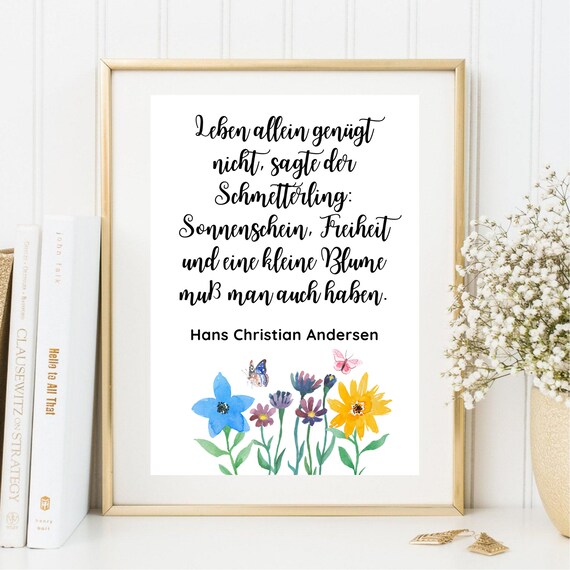 Hans Christian Andersen Butterfly Quote Watercolor Flowers Poster