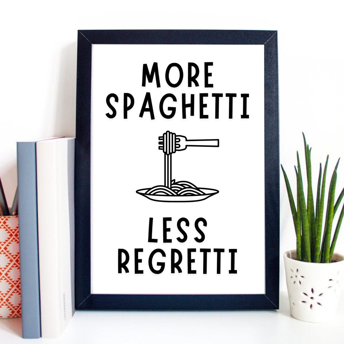 More Spaghetti Less Regretti Funny Pasta Fork Line Art Kitchen Poster - Image 2