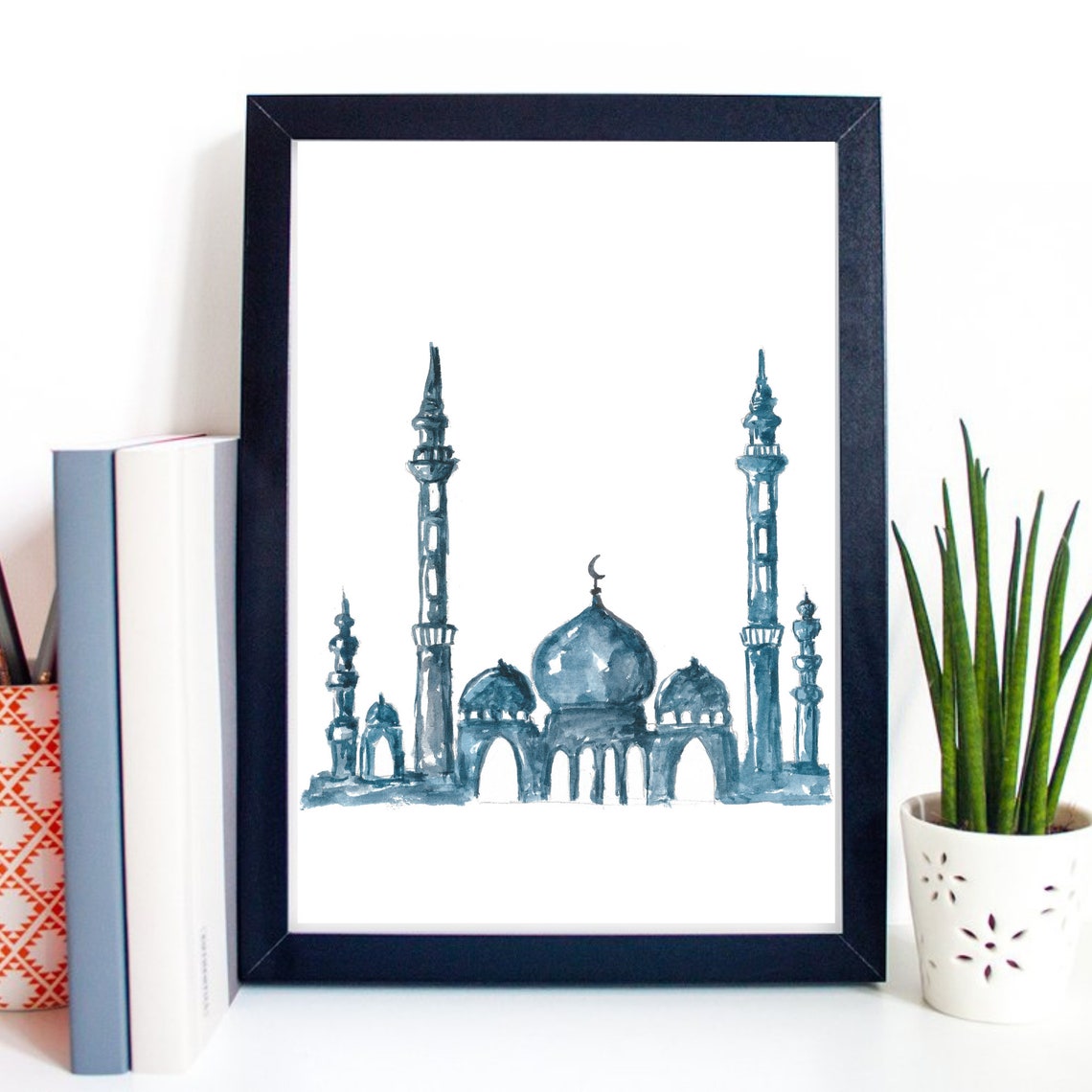 Islamic Mosque With Minarets Blue Turquoise Watercolor Poster - Image 3
