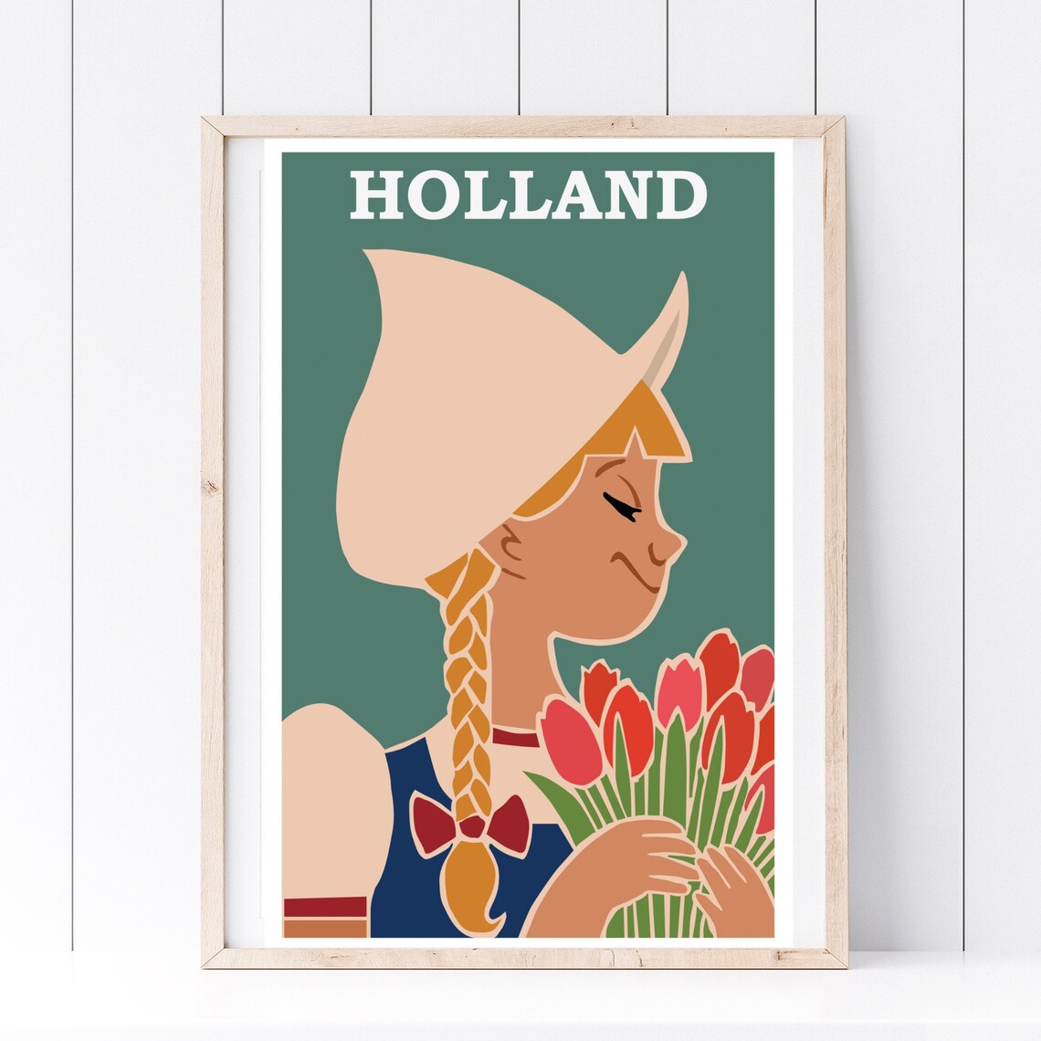 Holland Netherlands Vintage Dutch Girl Tulips Retro Travel Poster