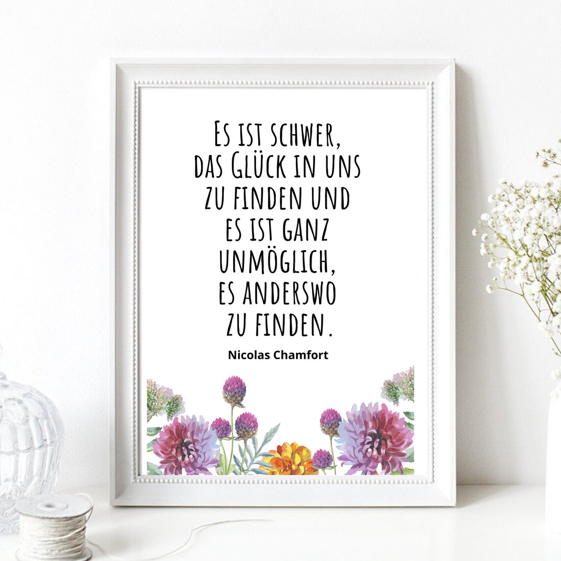 Nicolas Chamfort Happiness Quote German Typography Watercolor Floral Print