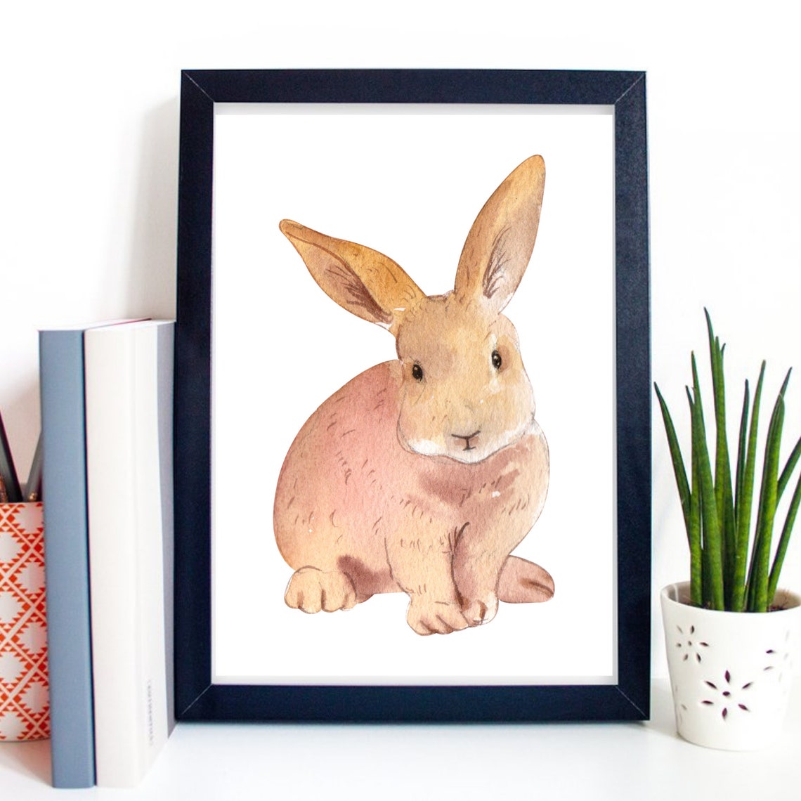 Cute Brown Bunny Rabbit Watercolor Nursery Kids Room Wall Art Poster