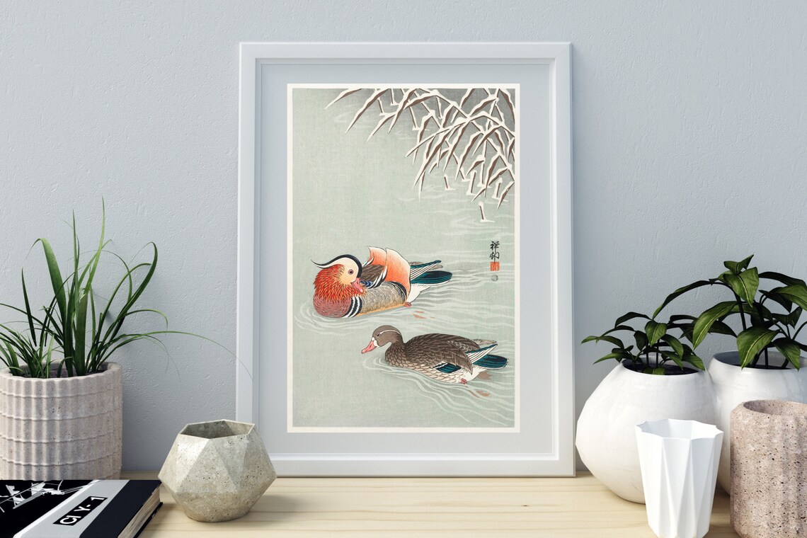 Mandarin Ducks Snow Branches Japanese Woodblock Style Bird Art Print