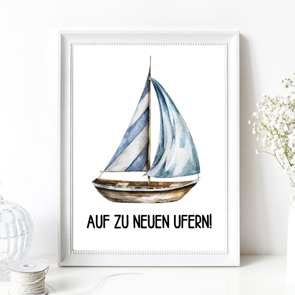 Sailboat Watercolor New Shores German Saying Motivational Sailing Poster - Image 2