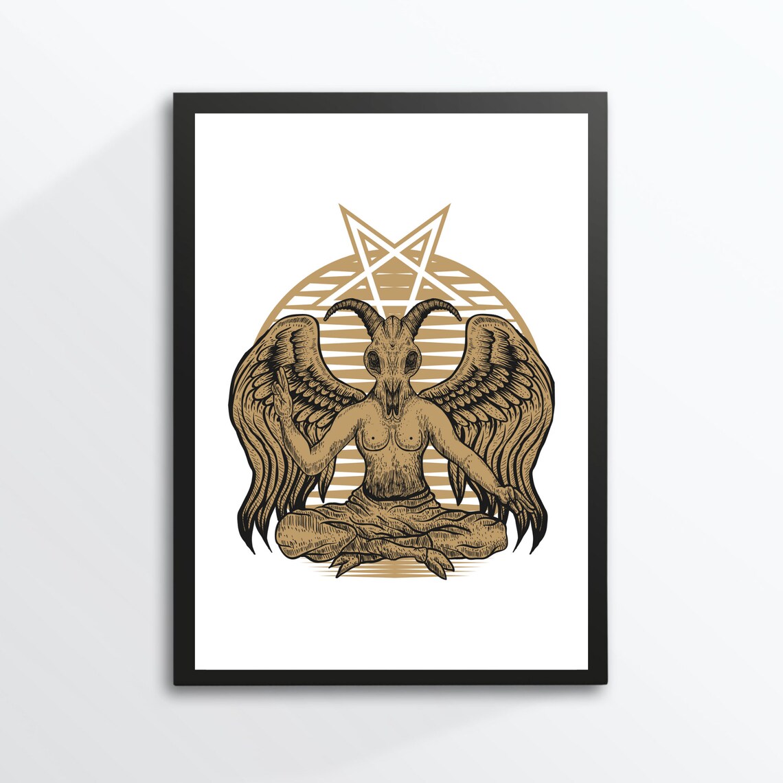 Baphomet Occult Illustration Gold Pentagram Gothic Esoteric Wall Art Print - Image 3