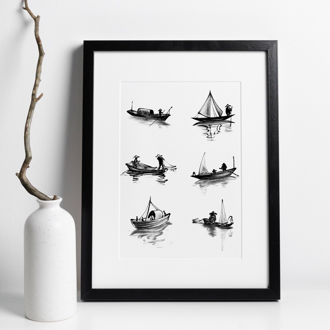 Six Asian Fishing Boats Ink Wash Fishermen Water Scene Poster - Image 3