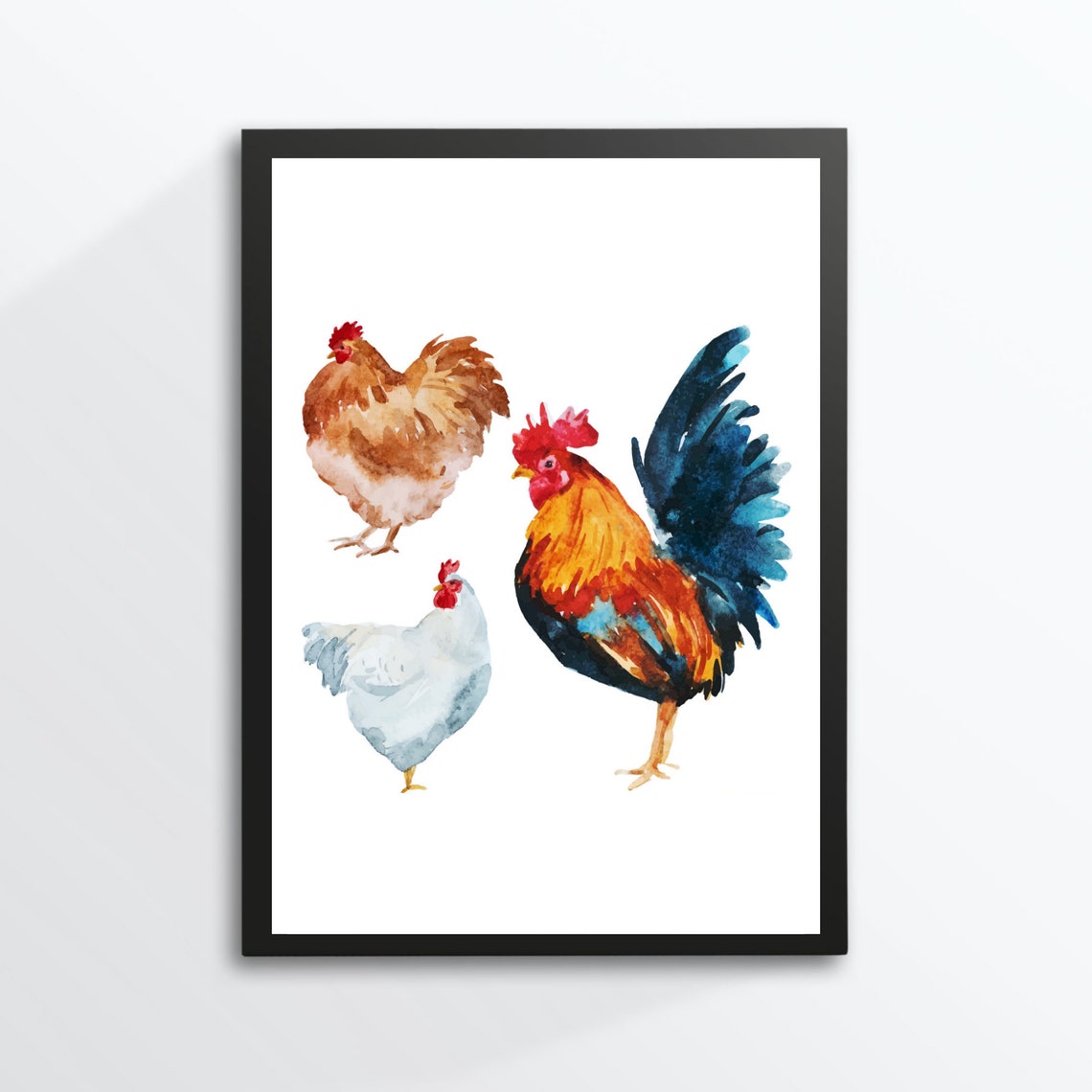Rooster and Hens Watercolor Farm Birds Rustic Kitchen Wall Art - Image 3