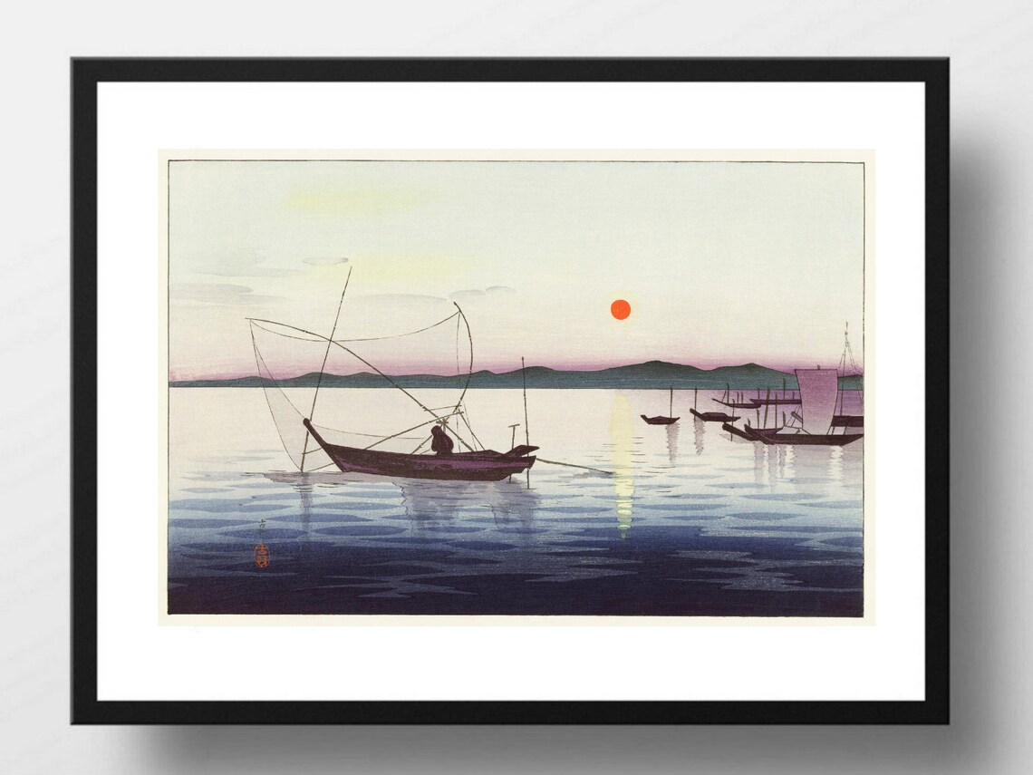 Japanese Fishing Boat Sunset Woodblock Style Asia Seascape Art Poster