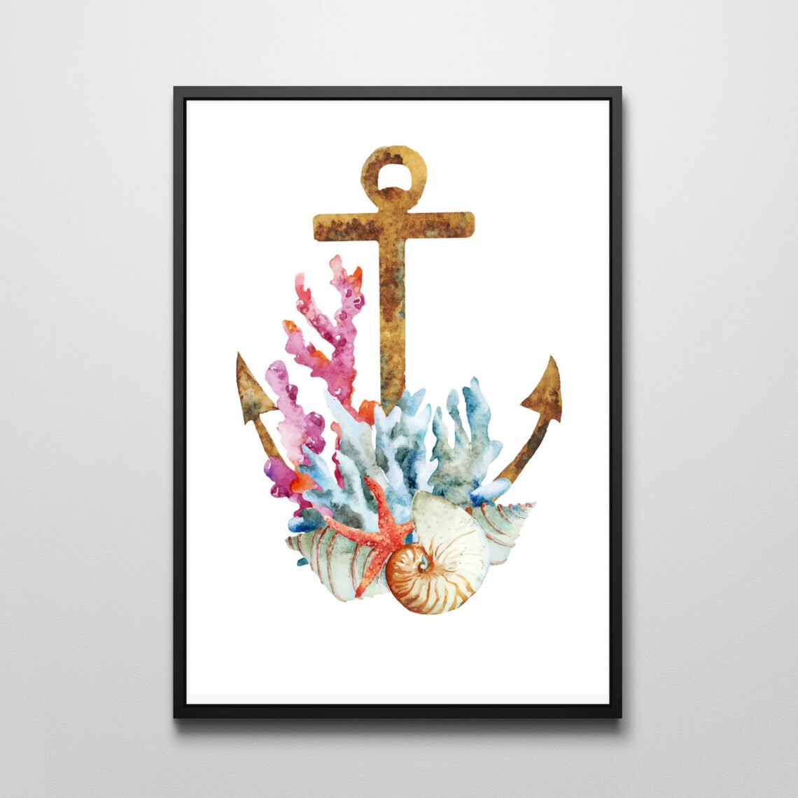 Watercolor Anchor Coral Shells Starfish Nautical Maritime Gift Poster - Image 2