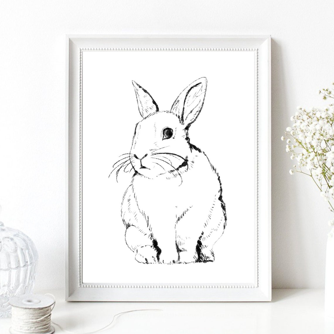 Cute Bunny Rabbit Sketch Black White Minimalist Animal Poster