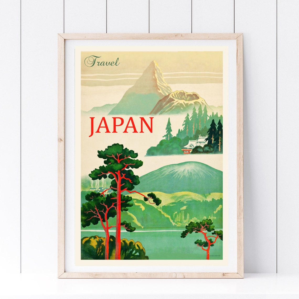 Japan Vintage Travel Poster Red Pine Trees Temple Mountain Lake