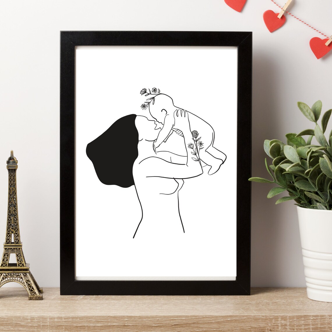 Mother Kissing Baby Lifted High Floral Minimalist Line Art Wall Art - Image 3