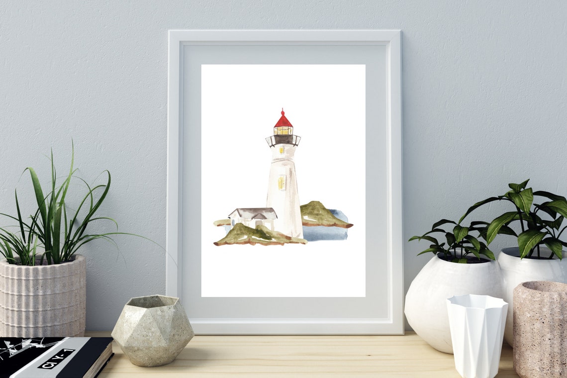 Watercolor Lighthouse with Red Roof Coastal Maritime Wall Art Poster - Image 2