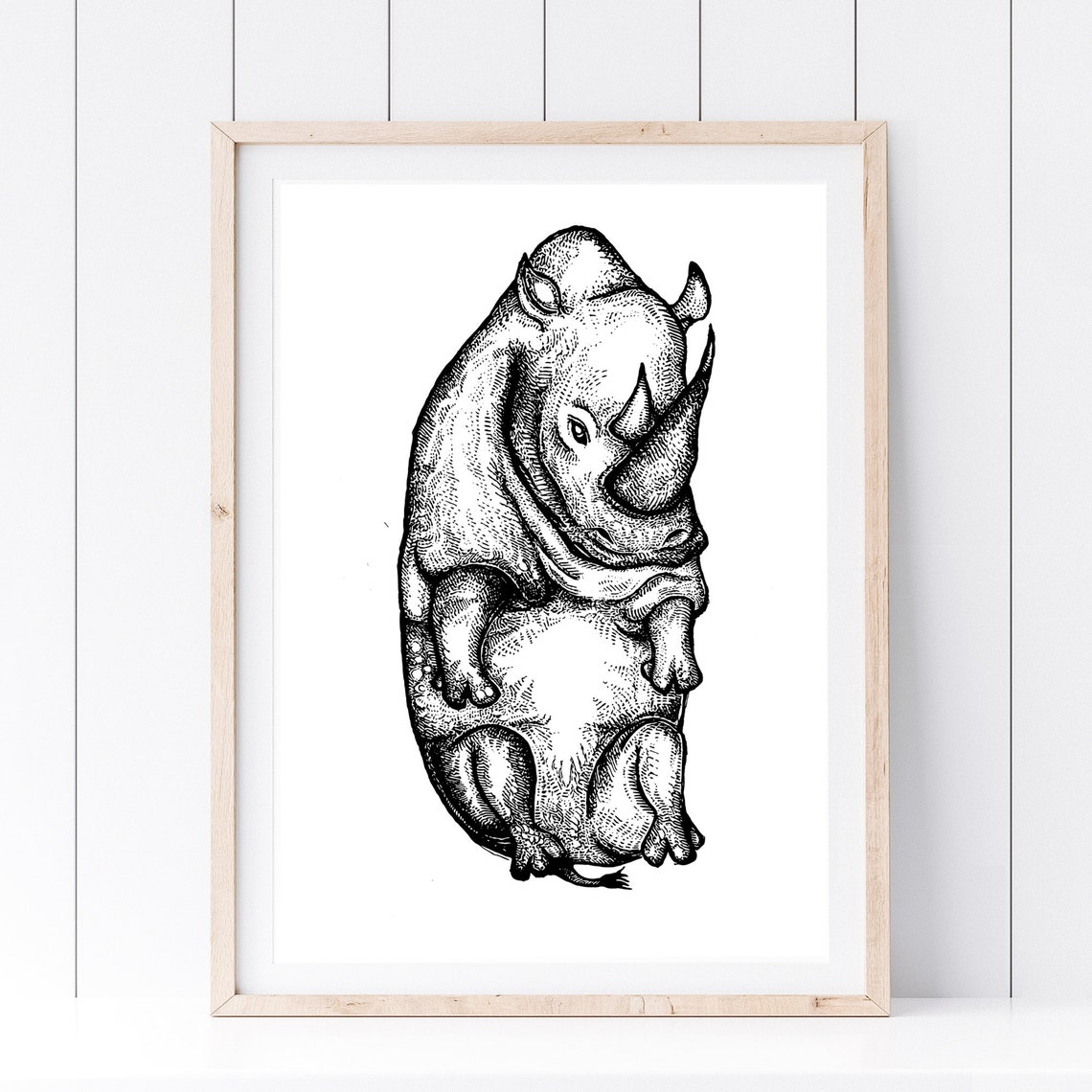 Rhinoceros Black Ink Drawing Detailed Engraving Style Animal Art Print - Image 2