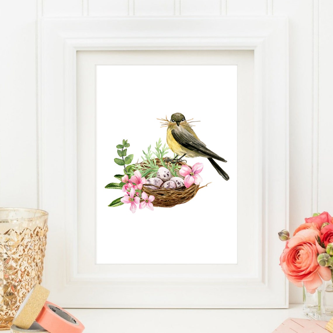 Bird Nest With Speckled Eggs Pink Blossoms Watercolor Art Print