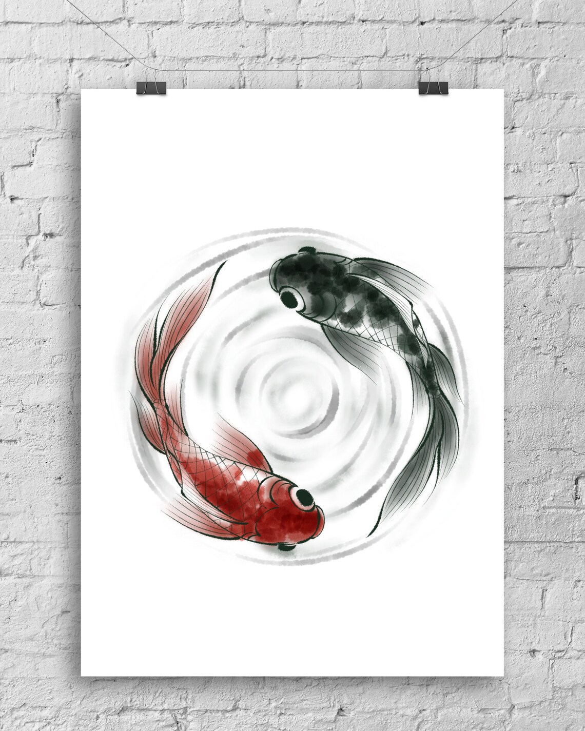 Koi Fish Yin Yang Circle Black Red Japanese Zen Watercolor Wall Art - Image 3