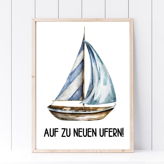Sailboat Watercolor New Shores German Saying Motivational Sailing Poster