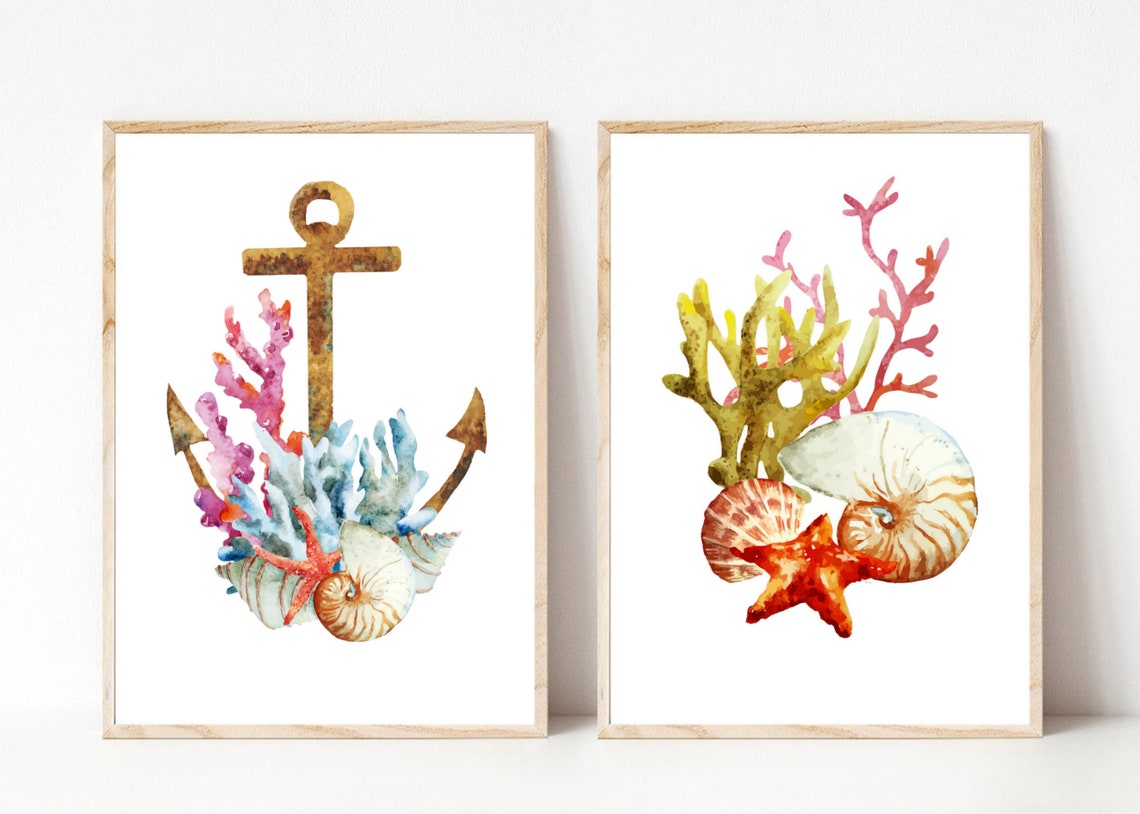 Nautical Anchor Coral Seashells Starfish Set of Two Watercolor Print