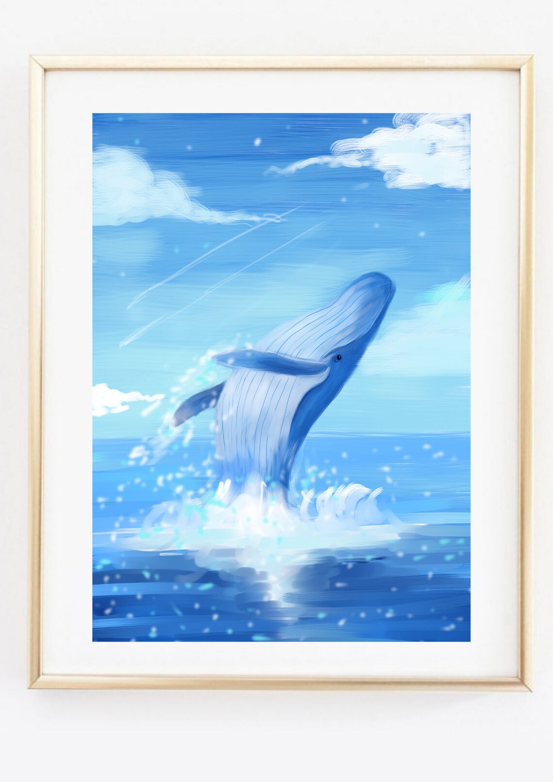 Din A4 Art Print Without Frame Jumping Whale Blue Whale Sea Ocean Watercolor Blue Maritime Print Poster Image - Image 2