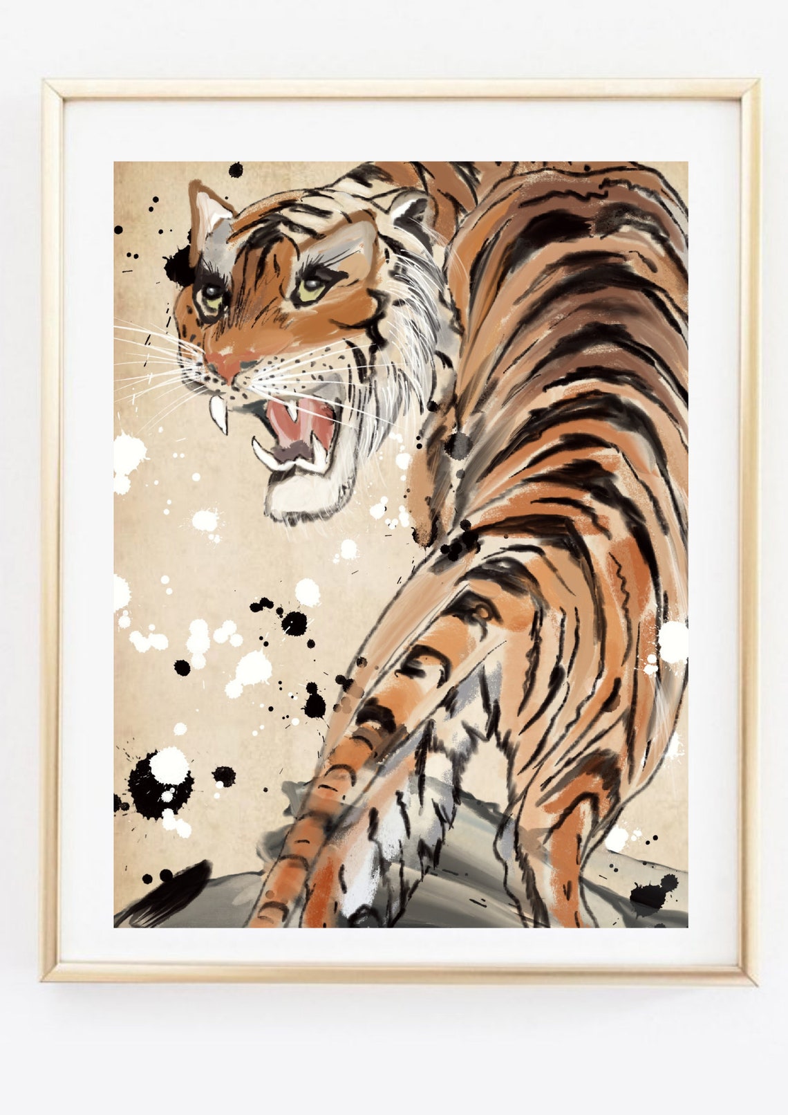Roaring Tiger Japanese Ink Painting Splatter Wildlife Art Poster - Image 3