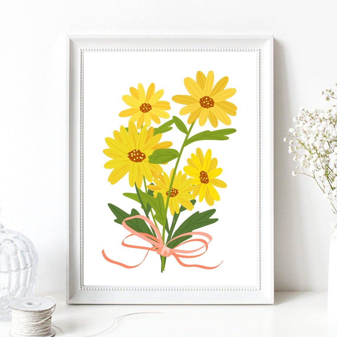 Yellow Daisy Bouquet Pink Ribbon Bow Floral Illustration Art Poster - Image 2