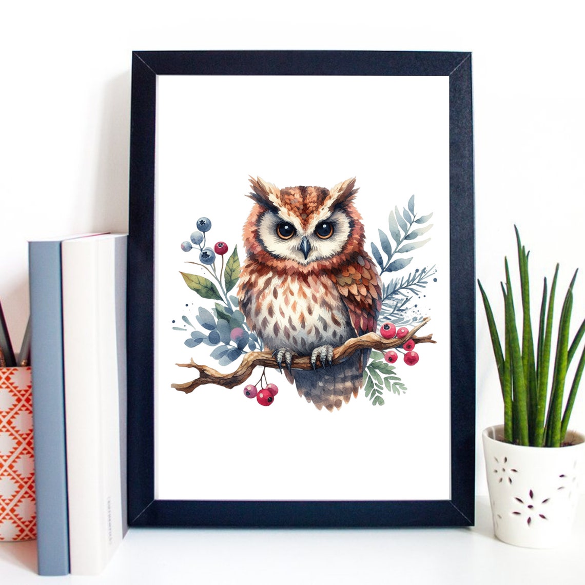 Cute Watercolor Owl Branch Botanical Bird Art Nursery Poster