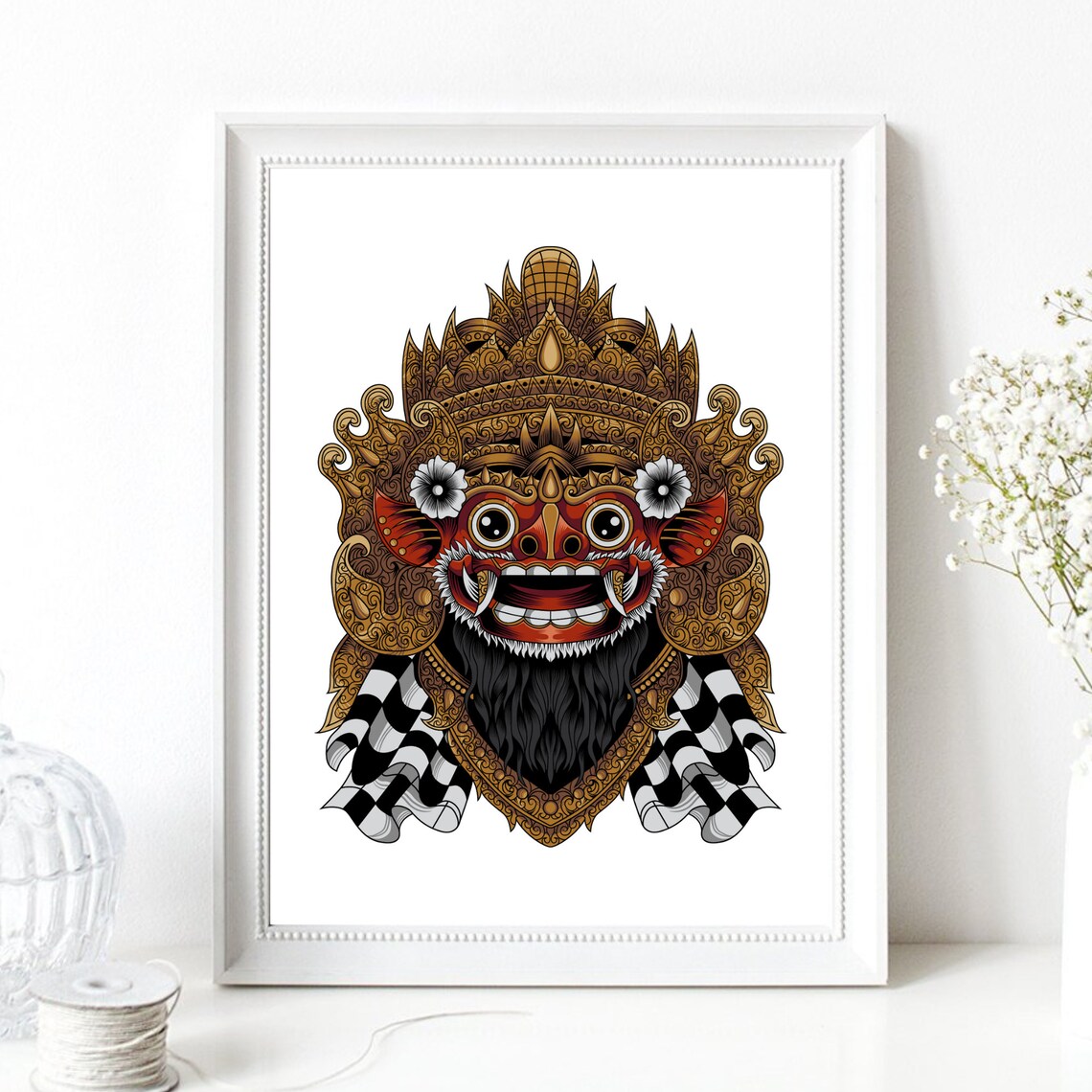 Barong Bali Balinese Lion Mask Deity Gold Red Ornate Hindu Wall Art Poster