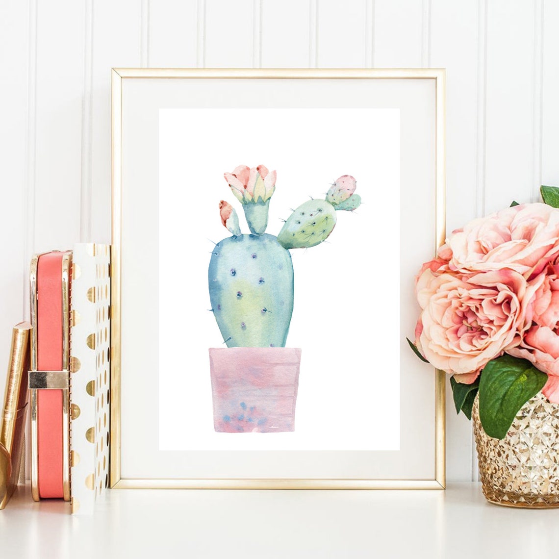 Prickly Pear Cactus Pink Buds Pastel Watercolor Succulent Print