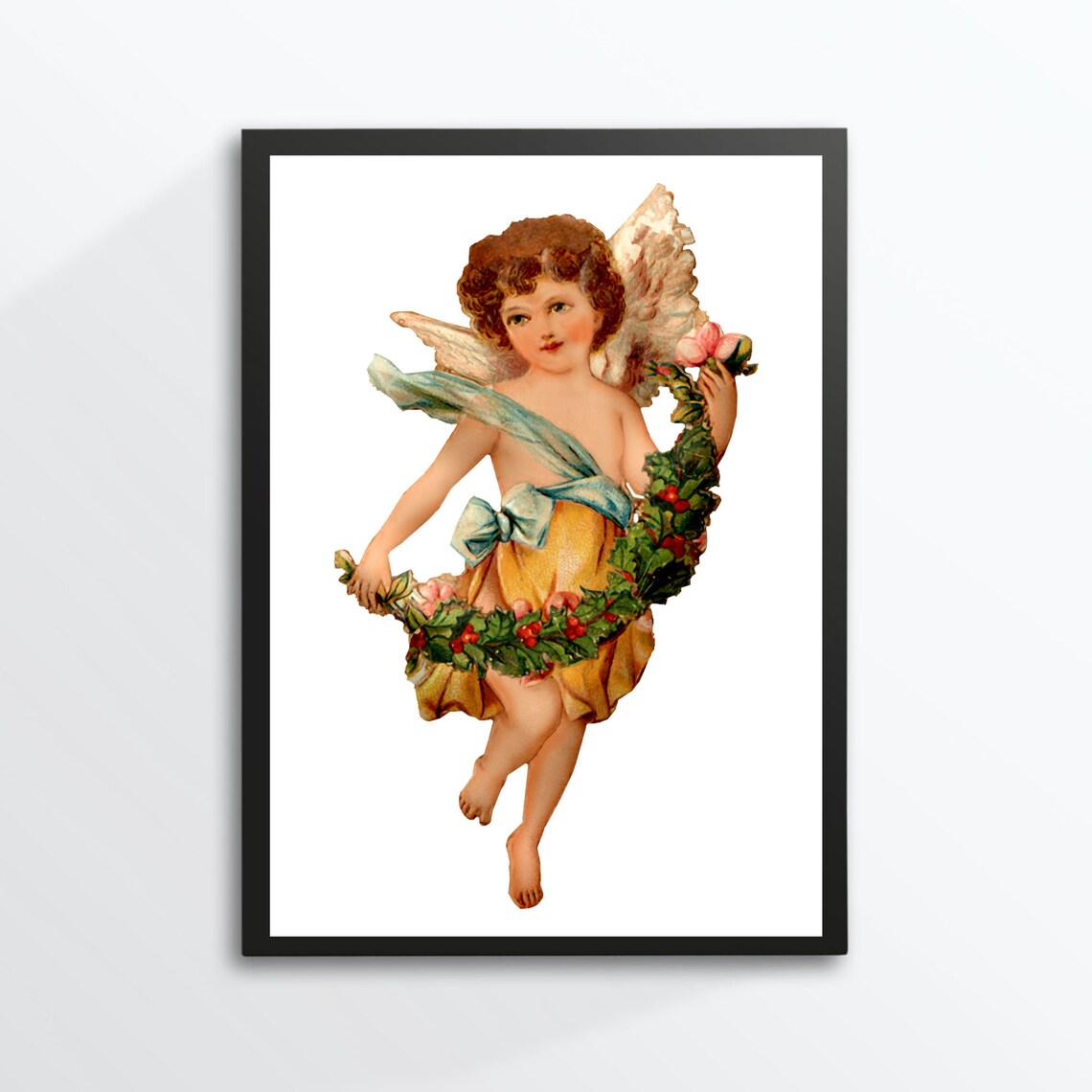 Christmas Cherub Angel With Berry Garland Vintage Art Print Gift - Image 3
