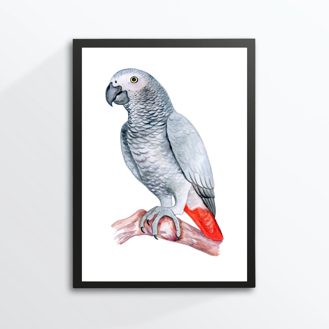 African Grey Parrot on Branch Watercolor Bird Portrait Art Print - Image 2