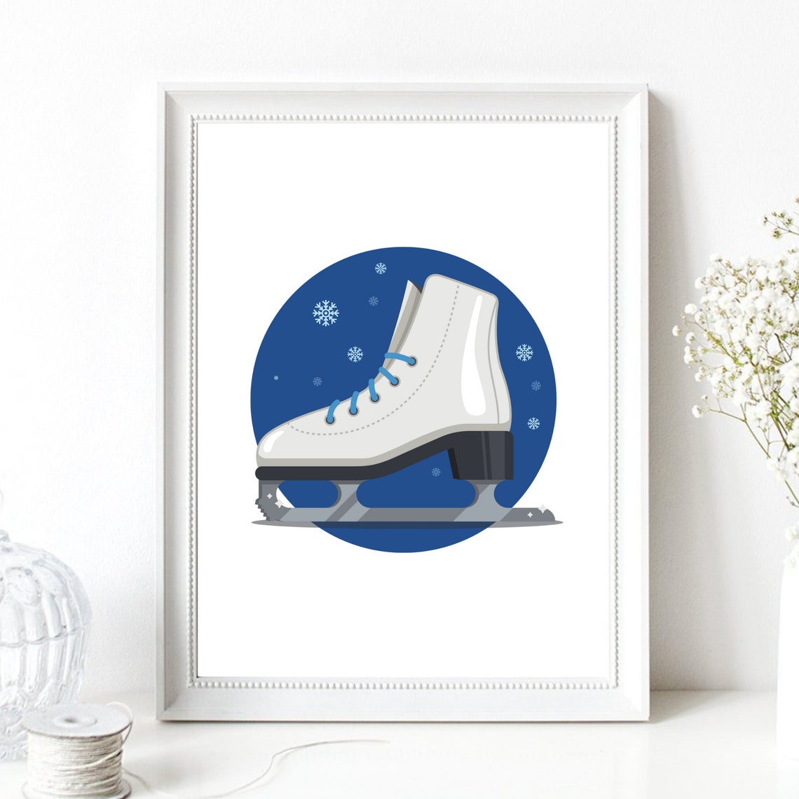 White Ice Skate Blue Snowflake Circle Winter Sports Wall Art