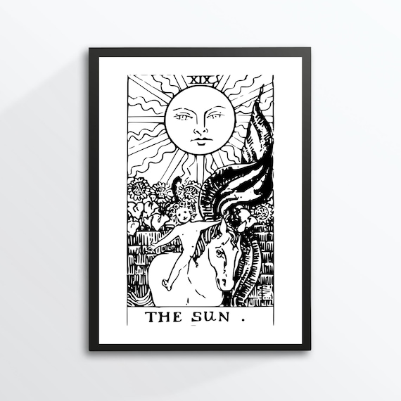 The Sun Tarot Card Black Line Rider Waite Child Horse Art Print