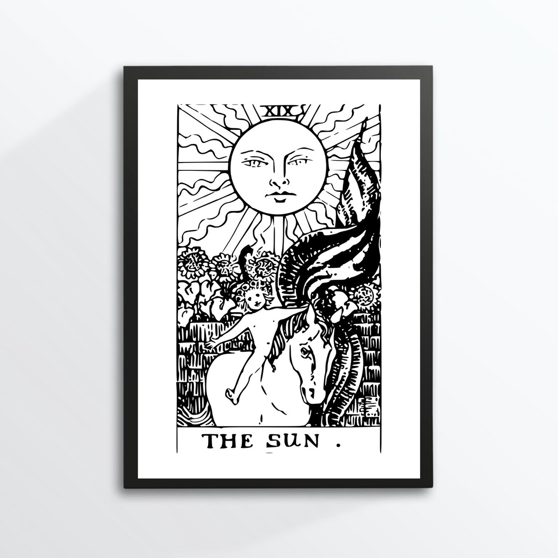 The Sun Tarot Card Black Line Rider Waite Child Horse Art Print