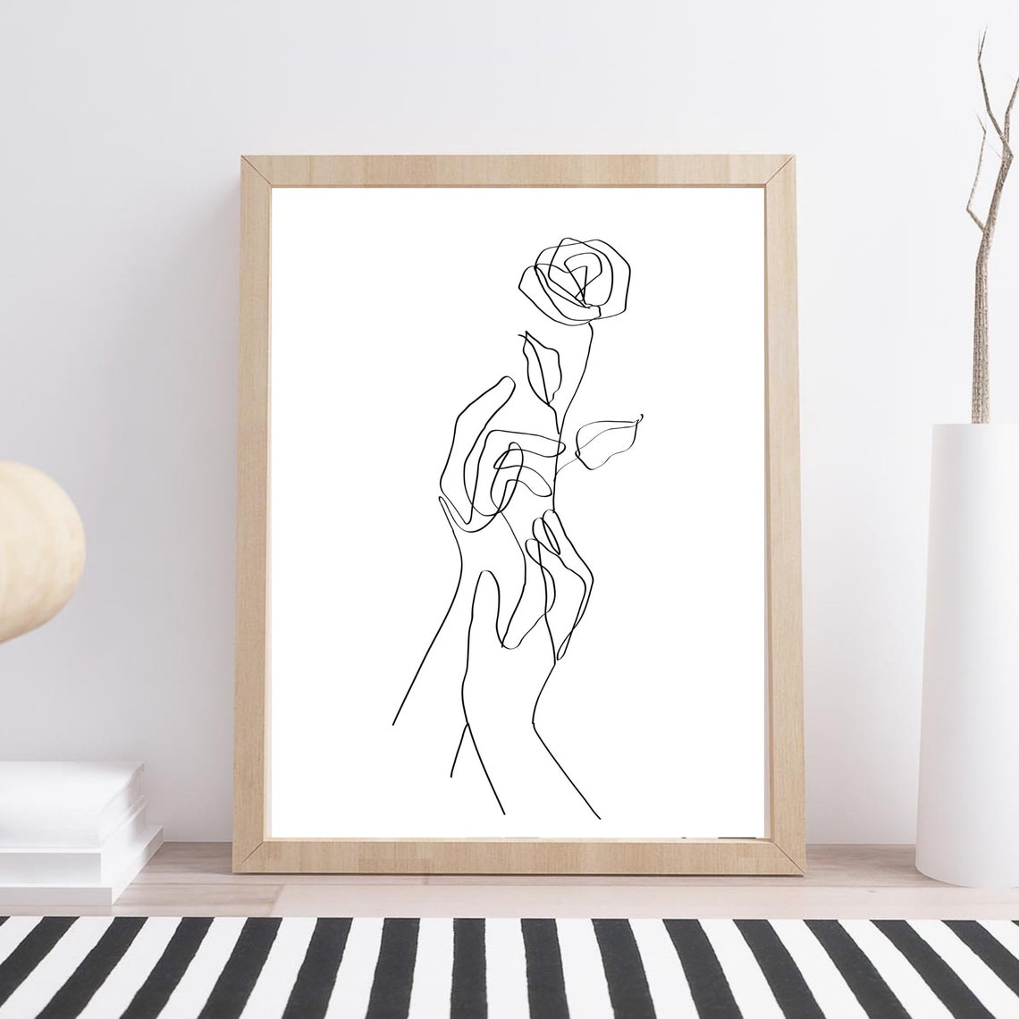 Hand Holding Rose One Line Drawing Minimalist Romantic Black Art Print