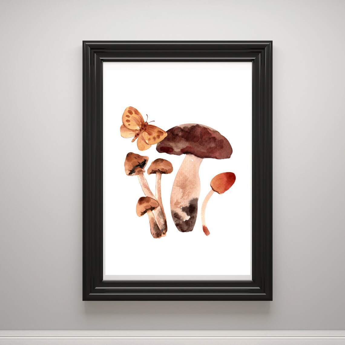 Wild Mushrooms with Butterfly Watercolor Autumn Forest Art Poster